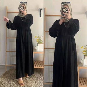 ERLENA MIDI DRESS TALI KATUN CRINKLE AIRFLOW GAMIS WANITA POLOS HITAM