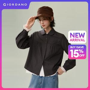 Giordano Women Doll collar long sleeve plaid shirt Free Shipping 18346825