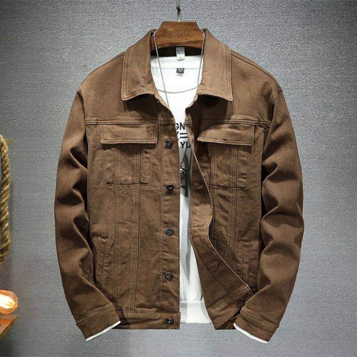 Men's Khaki Denim Jacket Fashiona Casual Korean Pocket Design Slim Fit ...