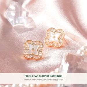 SINLISH Four Leaf Clover Earrings Elegant French Retro Style with Premium Seashell & Sparkling Zircon Lucky Jewelry