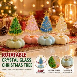 Rotating Crystal Glass Xmas Tree Cloud Base Desk Ornament Holiday Gift Home Table Desktop Decor