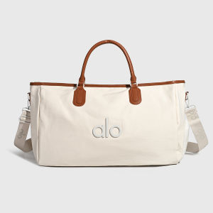 Original ALO Yoga Travel Duffle Tote Bag Women Faux Leather Trim Nylon Gym Handbag