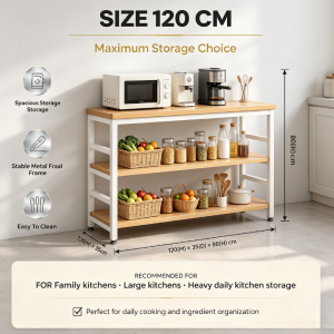 Rak Dapur 3 Tingkat Bingkai Logam Meja Penyimpanan Peralatan Masak Saiz 80cm 100cm 120cm Anti Karat Mudah Bersih