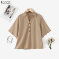 ZANZEA Korean Style Women Office Half Sleeve Wave Edge Blouses Shirt Collar Solid Color Work Top #0104. 
