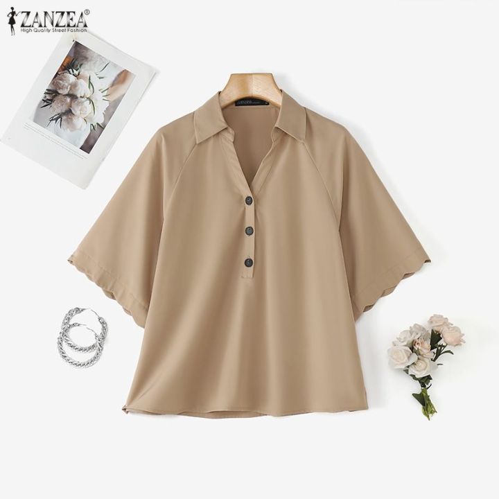 ZANZEA%20Korean%20Style%20Women%20Office%20Half%20Sleeve%20Wave%20Edge%20Blouses%20Shirt%20Collar%20Solid%20Color%20Work%20Top%20#0104%20-%20Image%205