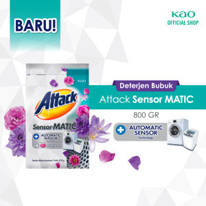 Attack Sensor Matic Deterjen Bubuk Semua Jenis Mesin Cuci Bag 800 gr - Sabun Cuci Pakaian Liquid - 9 Hi Tech in 1 Formula Rendah Busa Jitu Lacak Noda Bersih Tuntas Lebih Puas