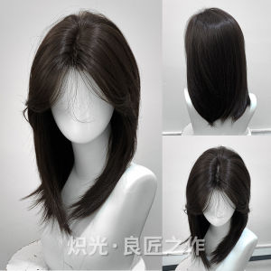 Wig dark tea female short hair medium layered collarbone hair daily fashion whole head cover