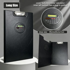 Leather Portfolio Folder Clipboard Long with Cover Paper Organizer Leather Clip Board with Solar Calculator