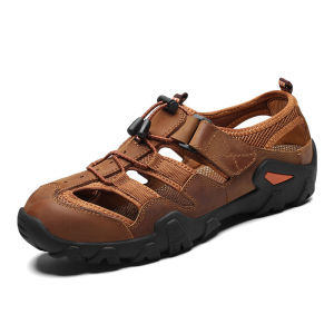 MenS Summer Leather Sandals Hollow Breathable Clogs Non-Slip Wear-Resistant Outdoor Shoes Soft Leather Casual MenS Shoes
