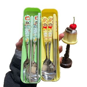 IQAngel Crayon Shin-chan Bộ bộ dao nĩa bằng thép không gỉ dễ thương với thìa nĩa và đũa cho học sinh và sử dụng thường nhật sinh