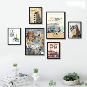 Tranh treo tường kỳ quan sài gòn retro trang trí quán tặng kèm đinh