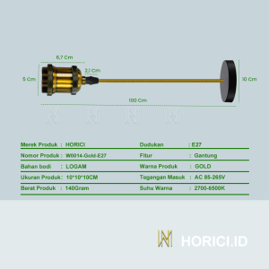 Fitting Lampu Gantung E27 Alumunium Model A2 Retro Gold Silver + Kop Kabel 90CM