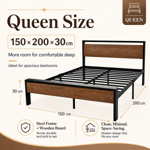 【Kaki.SG】Walnut Metal Bed Frame Single/Super Single/Queen Size Storage Heavy Duty Bed Frame /Embedded Mattress Design