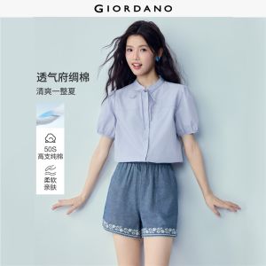 Giordano Beau Monde Women 100% cotton tie neck short sleeve shirt Free Shipping 13346473