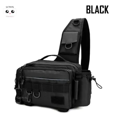 SG Seller FAST Delivery - Fishing Tackle Bag Single Shoulder Crossbody Bags Waist Sling Pack Multifunctional Water Resistant Outdoor Lure Gear Utility Fishing Rod Storage Pouch Holder Molle Accessories – BLACK/ CAMOFLAUGE BLACK ior GREY Oxford Fabric
