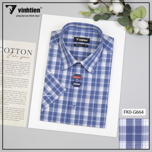(Freeship) Áo Sơ Mi Tay Ngắn Vĩnh Tiến Regular Vạt Ngang Sọc Caro Cotton 350 - Mẫu 3