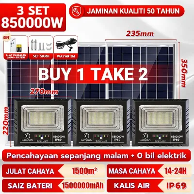 Loha🎁BUY 1 TAKE 2🎁Lampu Solar Light 850000W Solar Light Outdoor kalis air IP67 0 bil elektrik street light with remote control 6000W/8000W/10000W High Power with solar panel