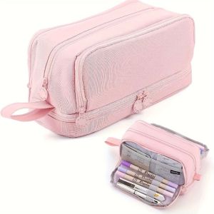 Large-capacity Pencil Case Simple Solid Color Stationery Box Double-layer Multifunctional Pencil Case Student School Supplies