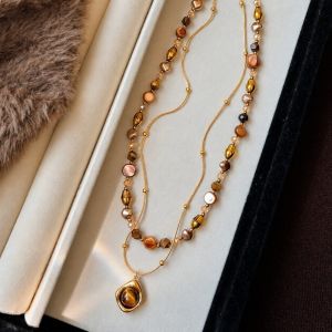 MIRELAE 2/3Pcs Irregular Tiger Eye Stone Necklace Brown Zircon Beads Choker Necklace  Adjustable Sun Pendant Necklaces For Women