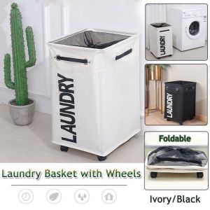 Elegant Waterproof Foldable Laundry Hamper with Wheels - Space-Saving Collapsible Clothes Organizer Basket in Ivory/Black