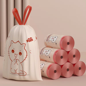 Combo 5 Cuộn Túi Đựng Rác Có Dây Rút Cỡ Lớn Tự Phân Hủy Dẻo Dai Tiện Dụng In Hình Mèo Con Dễ Thương N145