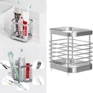 Bathroom Countertop Organizer Rack Adhesive Wall Mounted Stainless Steel Toothbrush Holder for Modern Homes Decors