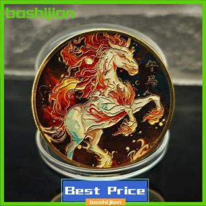 bashijian Colorful Zodiac Chinese Horse Souvenir Coin Commemorative Lucky Challenge Coin Collection Gifts With Protective Case