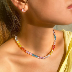 SEQUITO Bộ Bông Tai Vòng Cổ Choker Đơn Giản Pha Lê Cầu Vồng Tròn 6Mm Cho Nữ Trang Sức Dự Tiệc Hàng Ngày Đính Kim Cương CZ Lấp Lánh Thời Trang Trang Phục Phụ Kiện Váy SJ266