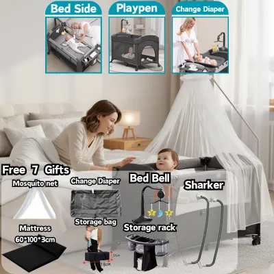 Foldable Baby Bed Crib With Wheels Multifunctional Splicing Bedside Bed For Newborn Infant 0-3 Years Portable Rocking Baby Cot With Mosquito Net