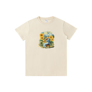 Artistic Van Gogh Sunflower Violin Print Short Sleeve Pure Cotton Loose Round Neck Niche Design t Shirt C227