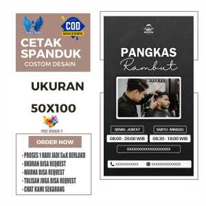 Cetak Spanduk Cetak Banner PANGKAS RAMBUT BUKA SETIAP JAM Ukuran 50x100 Costom Desain