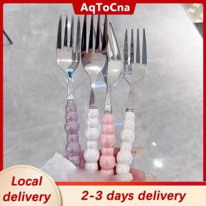 [COD] AqToCna Ship within 24 hours Pearl Handle Fork For Dessert Household Steak Stainless Steel Fork Salad Fork Dessert Pasta Fork Kitchen Accessories Gadgets