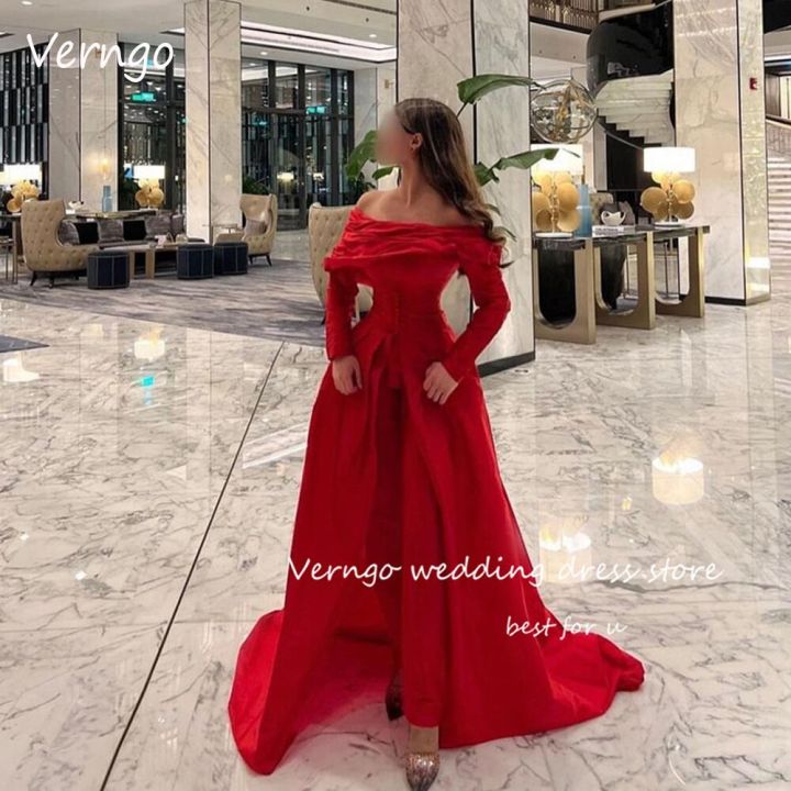 Ready Stock Verngo Red Off the Shoulder Evening Dresses Long