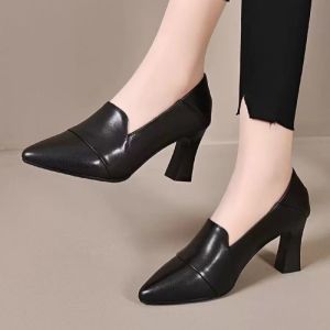 Free Shipping Elegant High-Heeled Shoes For Women 2026 Spring/Autumn New Collection Pointed-Toe Chunky Heel Versatile Shallow-Mouth Soft Leather Mid-Heel Small Leather Shoes