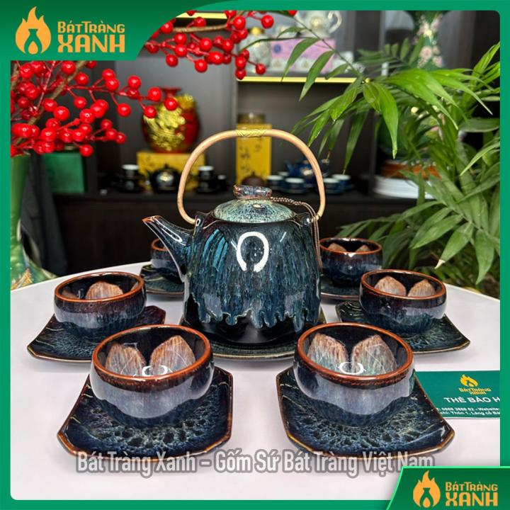 Bộ Ấm Chén Bát Tràng Siêu Xanh - Bộ Ấm Trà Men Hoả Biến Bát Tràng Cao ...