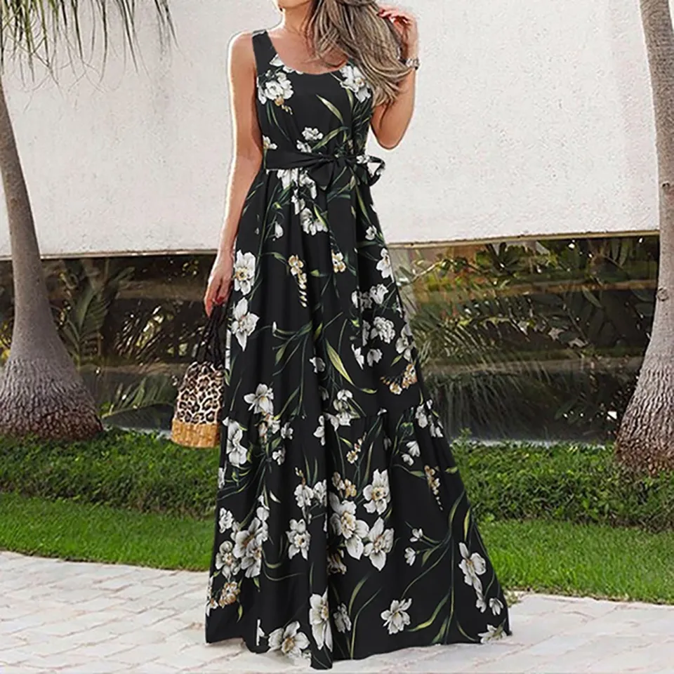 Black Floral Print Dress - Sleeveless Maxi Dress - Chiffon Dress