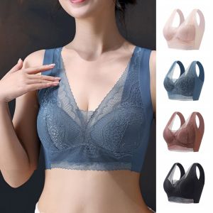 MQU19 Large Size Lace Deep V Bras Mesh Flower Shockproof Push Up Bras Breathable Lingerie Wireless Bras Girls