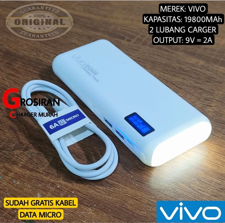 SUDAH GRATIS KABEL DATA !! POWER BANK VIVO LED 19800 MAH PORT