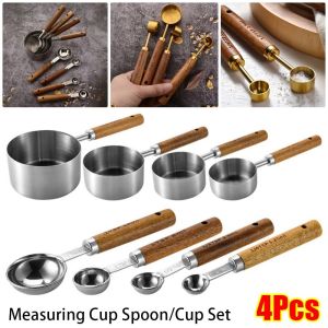 OPEAREY 4Pcs Stainless Steel Measuring Cup Spoon Wooden Handle Gold Silver Coffee Measuring Spoon Durable Black Baking Tool Bartending Scale Accessories