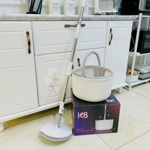 Bộ lau nhà thông minh K8 thùng vắt xoay tròn nhựa PP Cán inox dài 134cm miếng lau 25cm