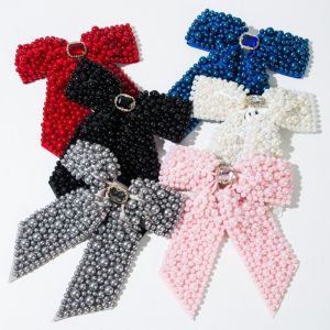 REEBO Fashion Pearl Bow Hair Clips Hair Jewelry Sweet Bow Spring Clip Gift Beading Beads Bowknot Hairpin for Women Styling