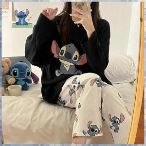 Disney Stitch Autumn Pure Cotton New Long-Sleeved Trousers 2Pcs Womens Pajamas Silk Pajamas Student Casual Clothes Loungewear