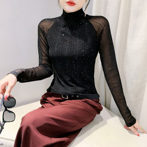 AMMIN 2024 Autumns new simple crew neck fashion cutout mesh stitching long sleeve stretch mesh T-shirt Womans Korean version of an elegant blouse with hot print bright diamond stripe design