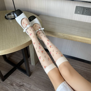 Women Thin Silky Pantyhose French Style Vintage Sweet Colorful Floral Printed Tights Stockings Cosplay Semi Sheer Knee High Calf Socks