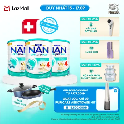 [CHỈ 15-17.9 QT ĐƠN 599K/999K/1299K] [Tặng Set Nồi Chảo Elmich] Bộ 3 lon Sữa Bột Nestlé NAN OPTIPRO PLUS 4 1500g Cho Bé 2 - 6 Tuổi: Công Thức Độc Quyền Nhập Khẩu Từ Thụy Sỹ Chứa Phức Hợp 5-HMO