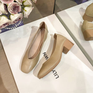 Free Shipping Square-Toe WomenS Shoes New Soft Leather Style Comfortable Soft-Soled Grandma Shoes Chunky Heel Shallow-Cut Suitable For Commuting And Work
