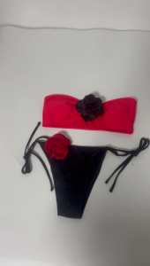 ชุดว่ายน้ำ2ชิ้นชุดว่ายน้ำบิกินีไม่มีสายเซ็กซี่แบบผ้าพันตัวลายดอกไม้3D ของผู้หญิงชุดชายหาดชุดว่ายน้ำสำหรับสตรีแบบผูกเชือก