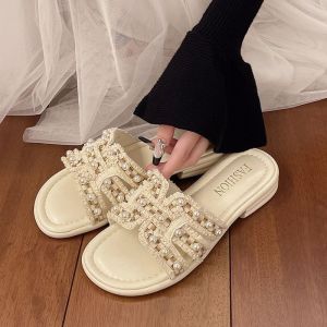 [Free Shipping] 2026 New Chunky-Heeled Pearl Slippers WomenS Summer Outdoor Fashion Soft-Soled Beach Sandals