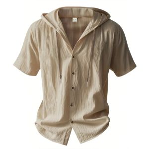 Cotton Linen Shirt for Men Hooded Short Sleeve Solid Color Breathable Lightweight Drawstring Design Shirts Casual Basic Tees2026