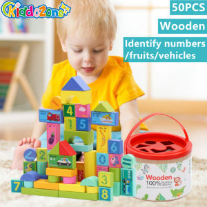 KiddoZone 50-Piece Wooden Colorful Building Blocks Digital Traffic & Fruit Puzzle Stacking Early Education Toys for 2-4 Years Old Children